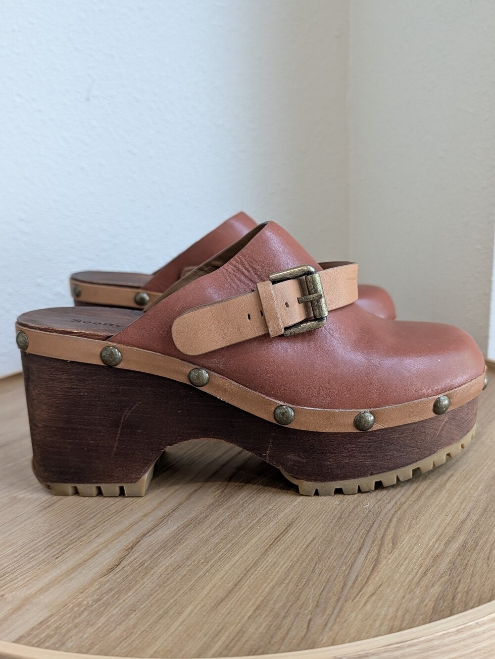 See By Chloe Rust Leather Platform Clogs with Buckle and Stud Trim
